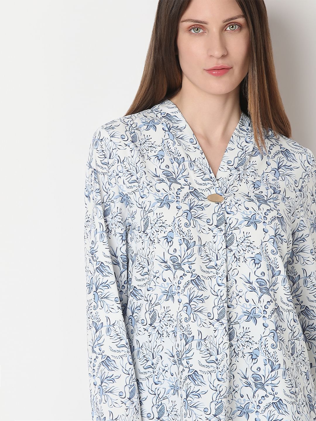 White Printed Full Sleeves Top