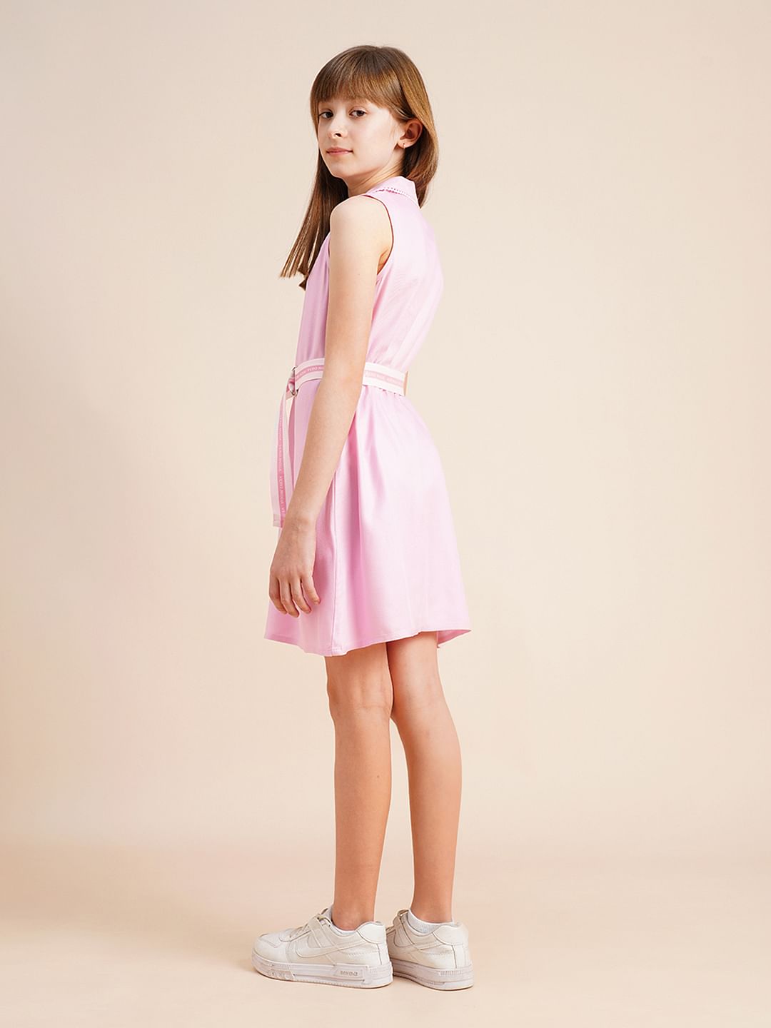 Girls Pink Belted Shirt Dress