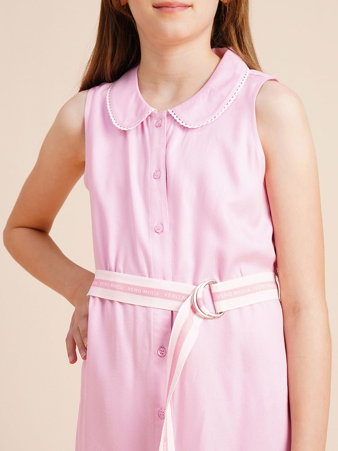 Girls Pink Belted Shirt Dress