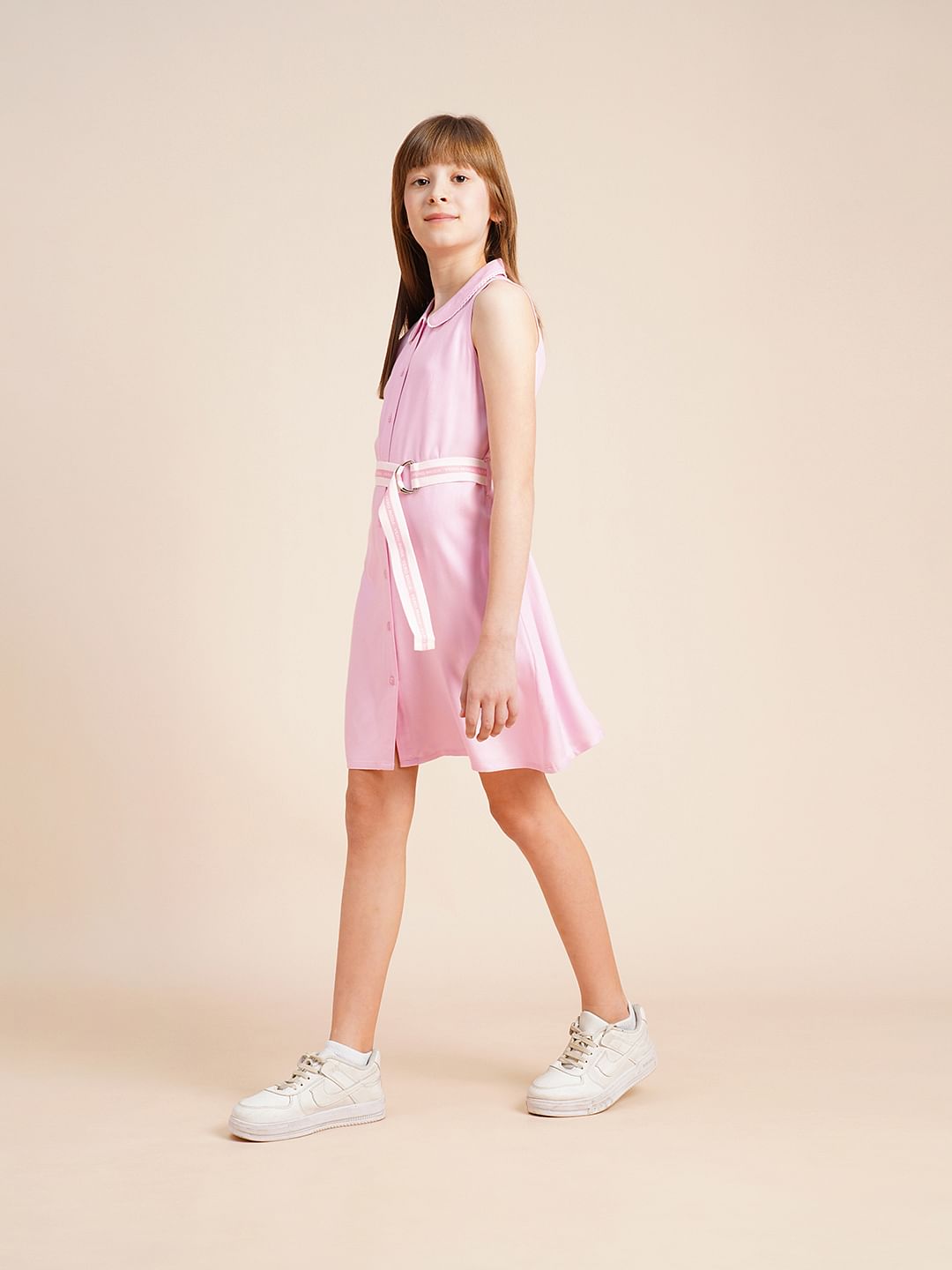Girls Pink Belted Shirt Dress