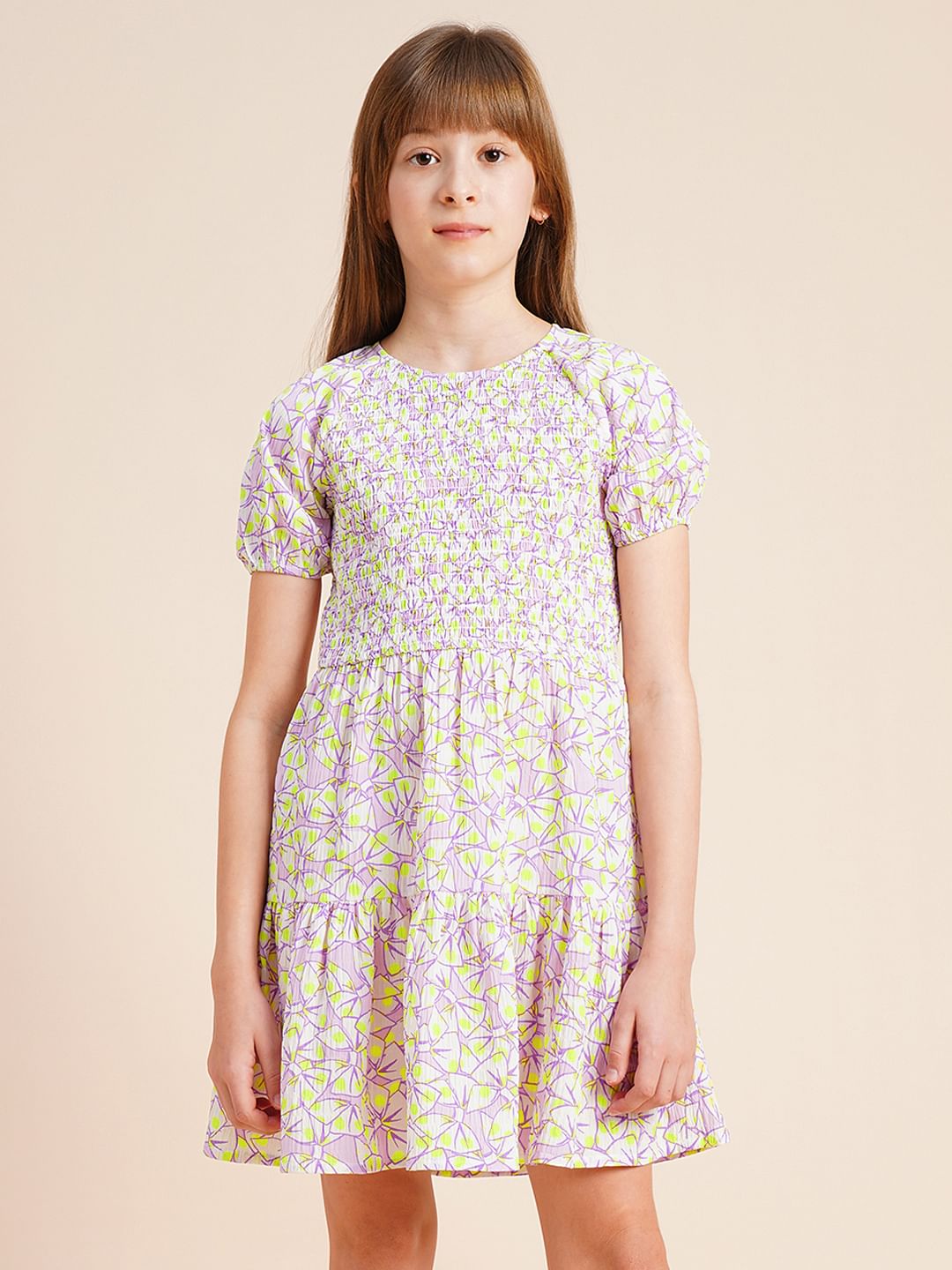 Girls White Printed Smocked Dress