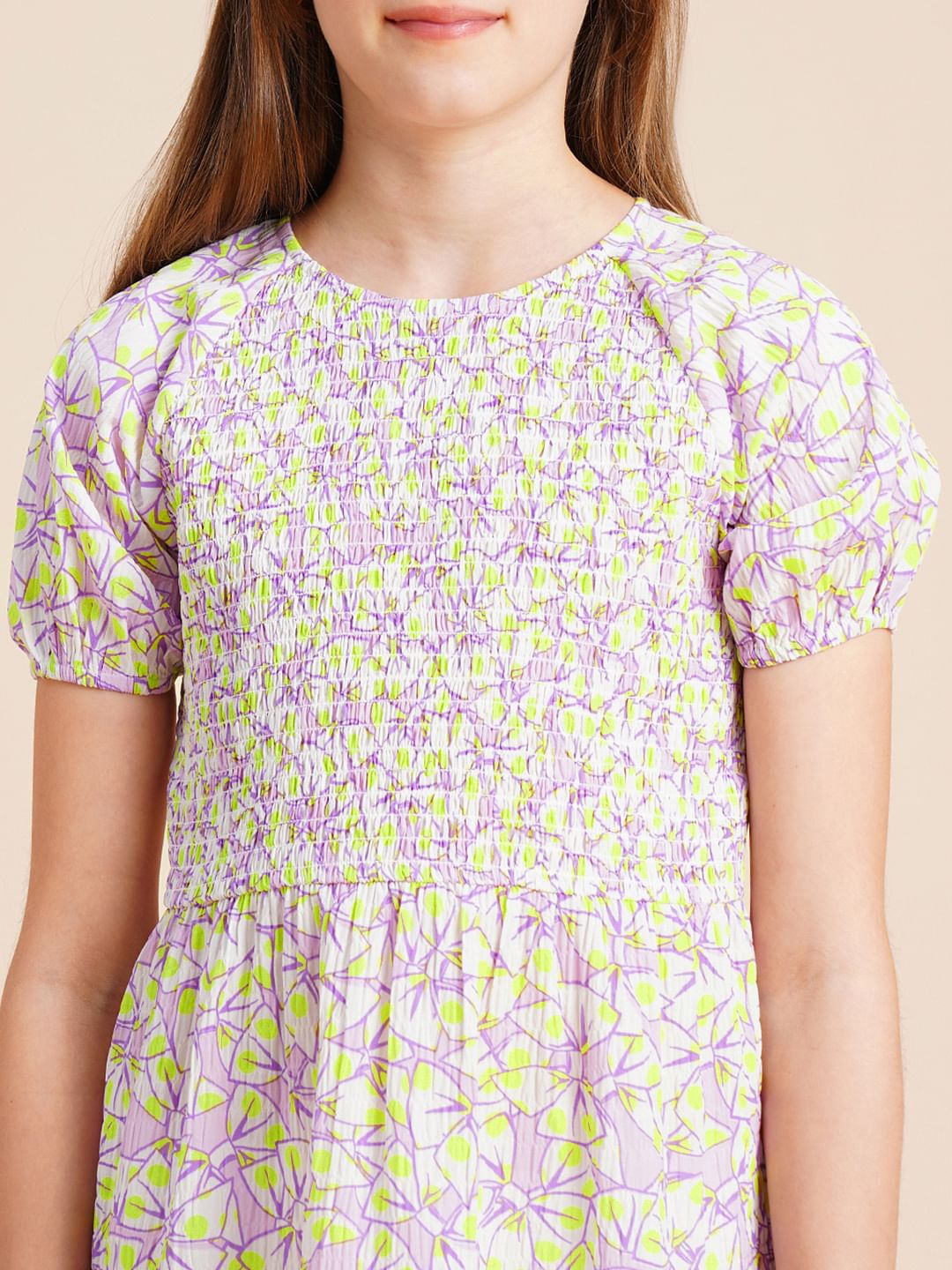 Girls White Printed Smocked Dress