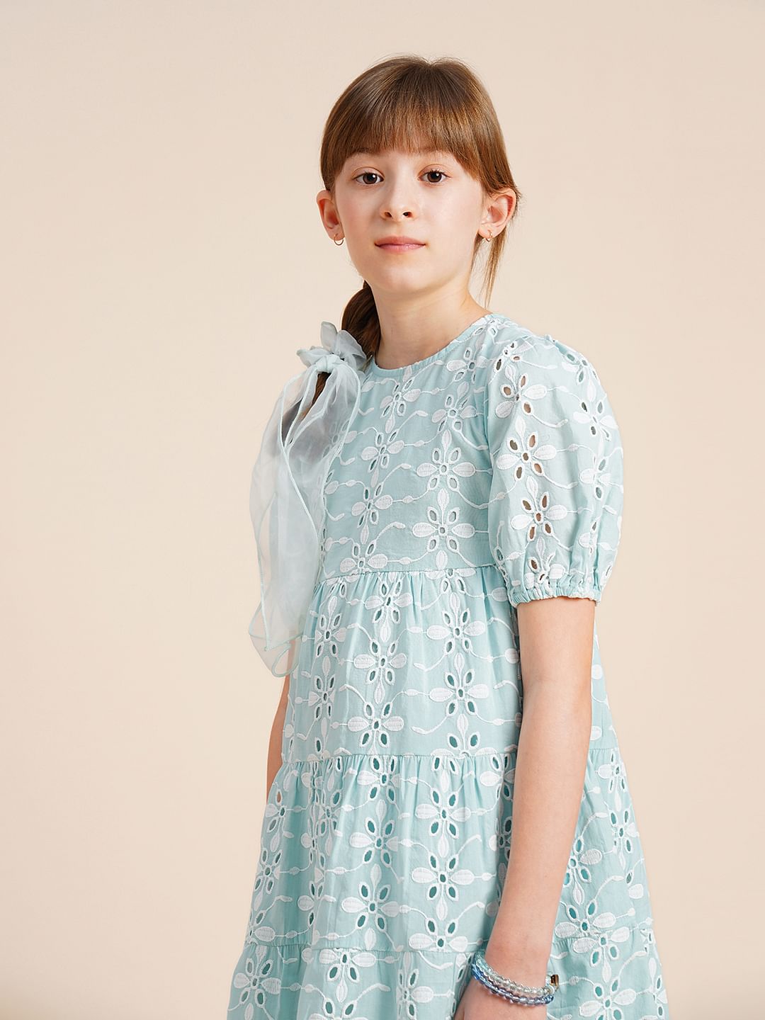Girls Blue Schiffli Textured Dress - 4Y