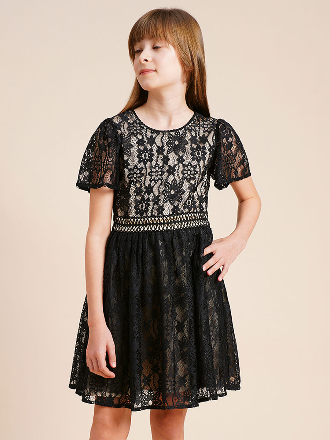 Girls Black Lace Contrast Lining Dress