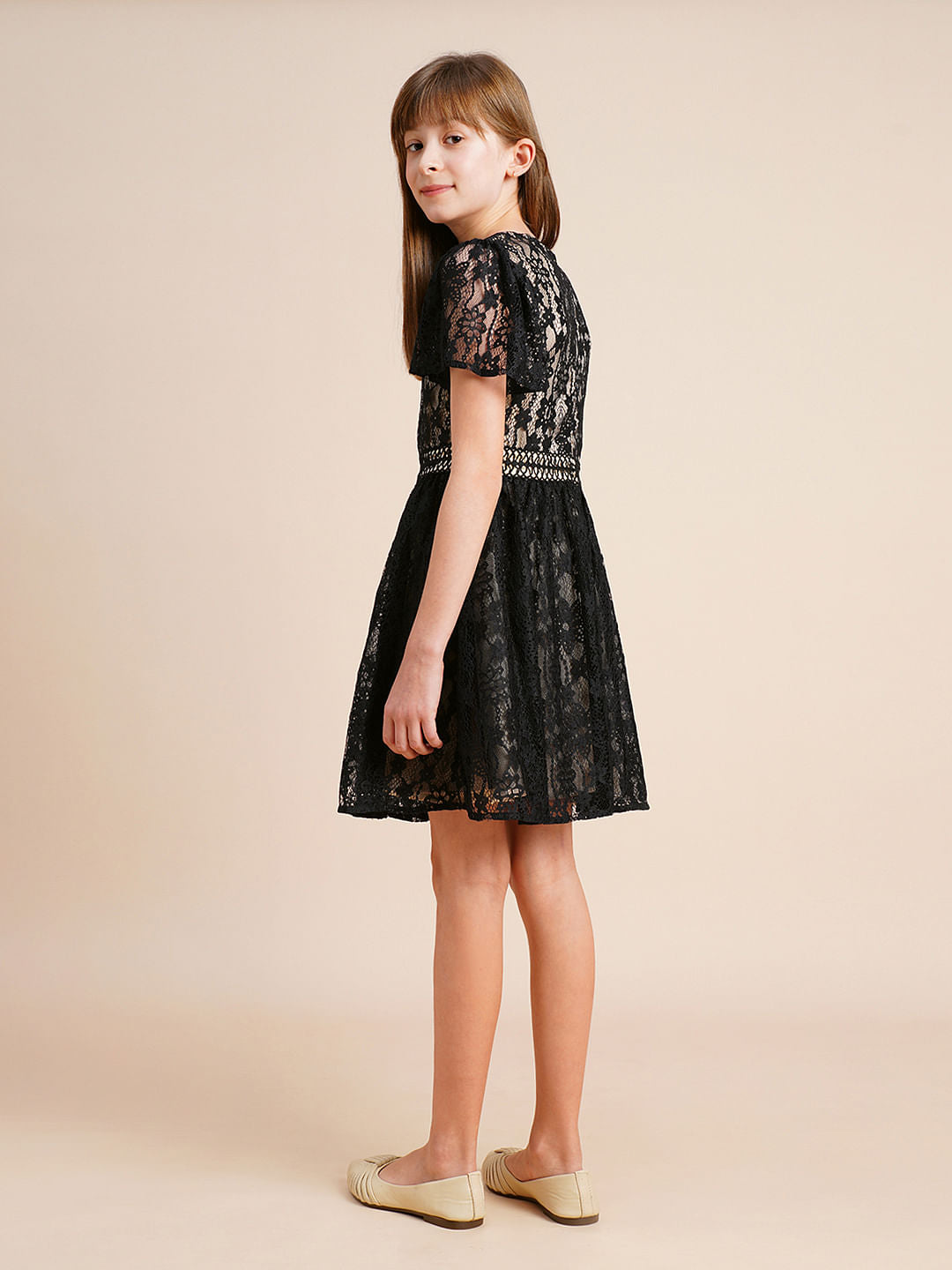 Girls Black Lace Contrast Lining Dress