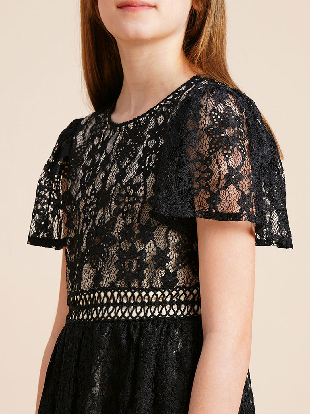 Girls Black Lace Contrast Lining Dress