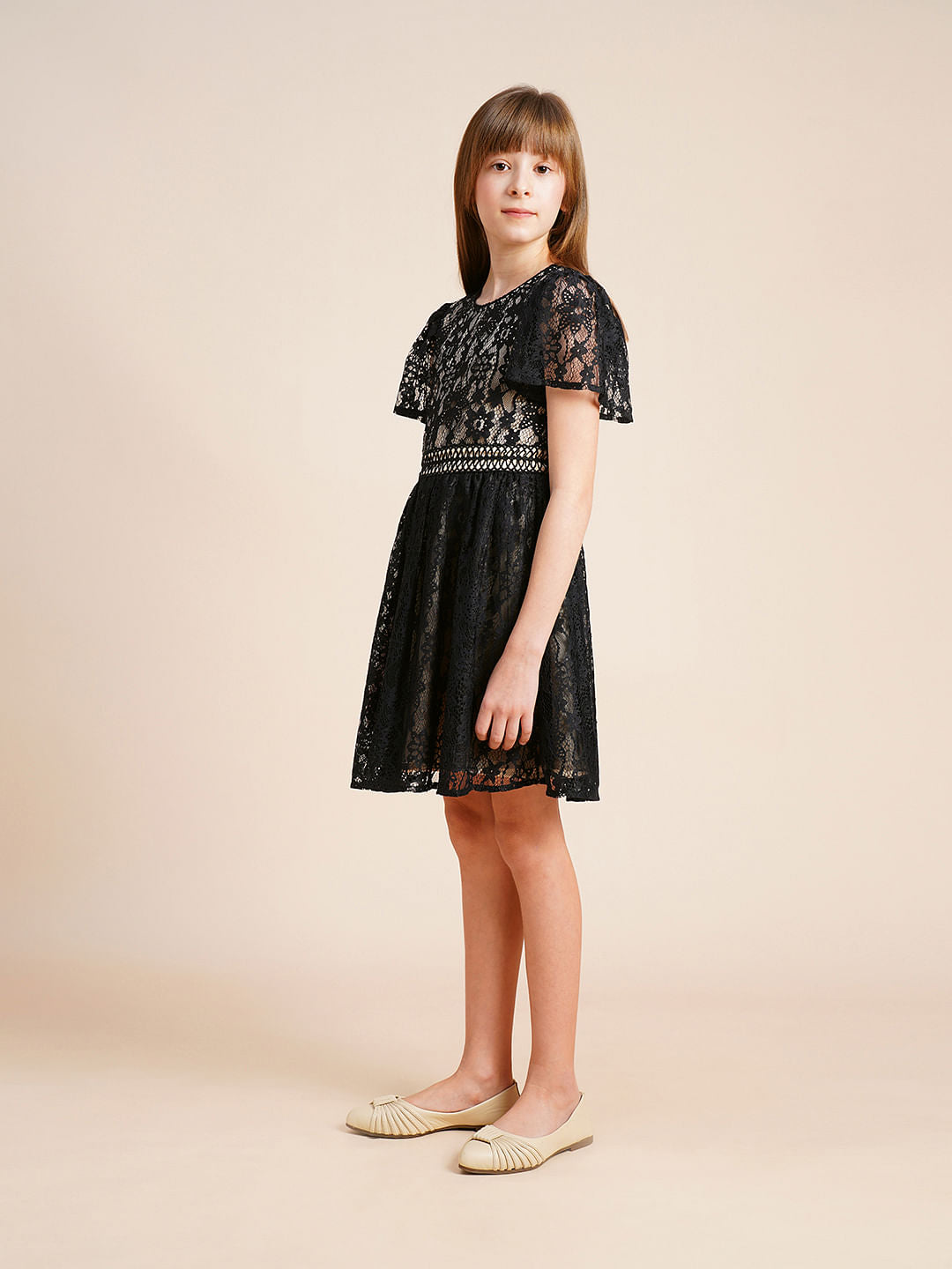 Girls Black Lace Contrast Lining Dress