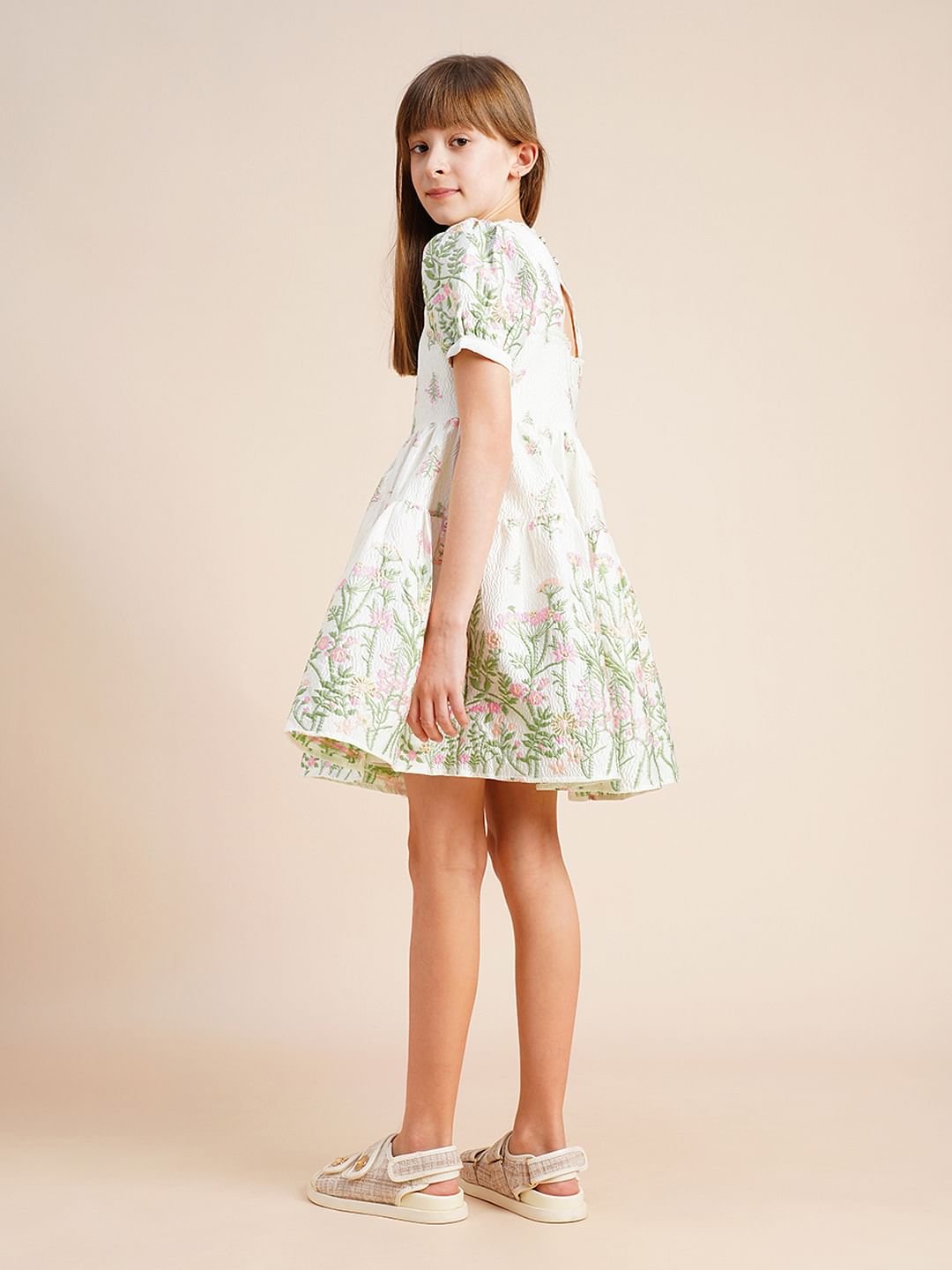 Girls White Floral Jacquard Dress