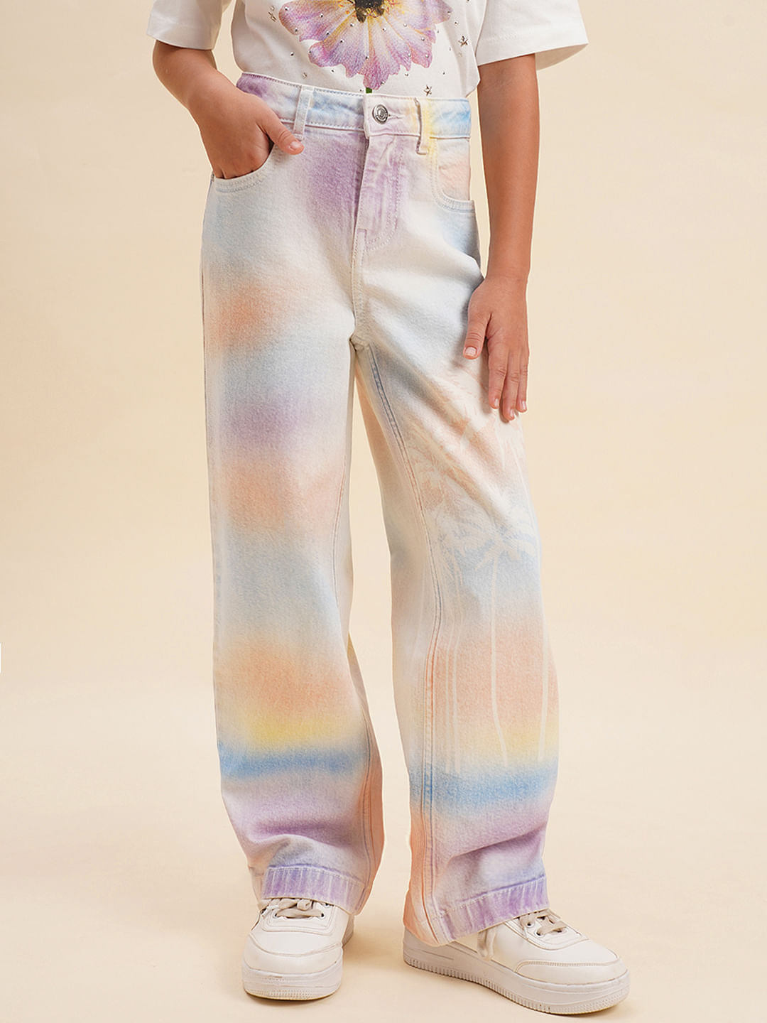 Girls Light Blue Tropical Print Wide Leg Jeans