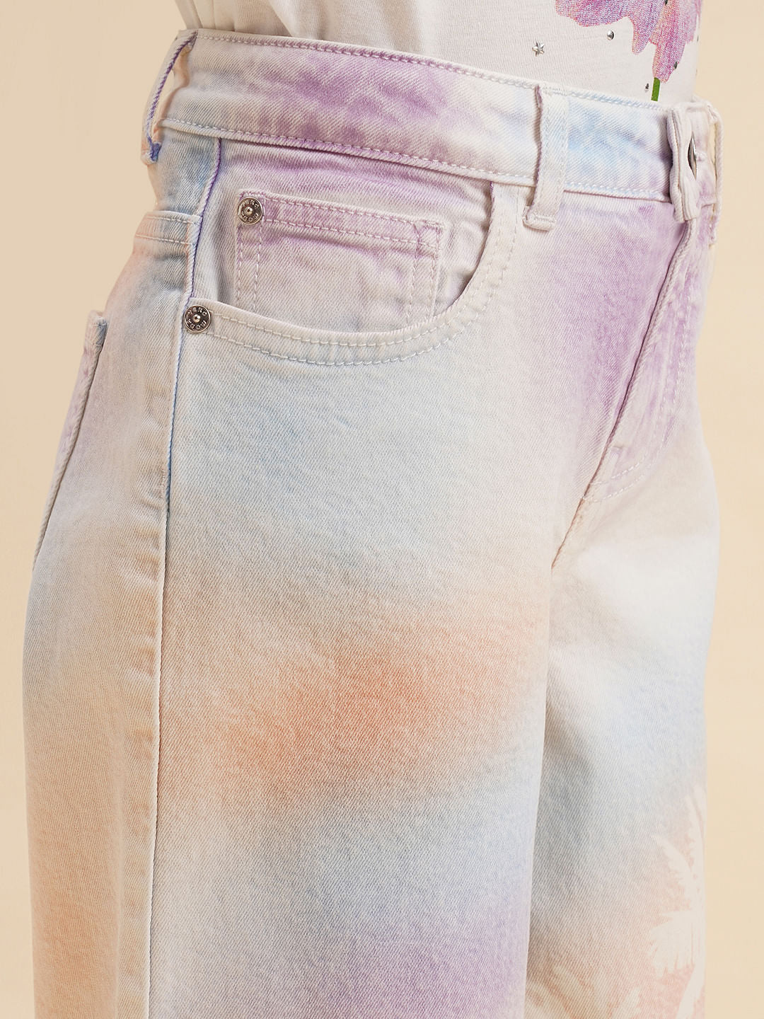 Girls Light Blue Tropical Print Wide Leg Jeans