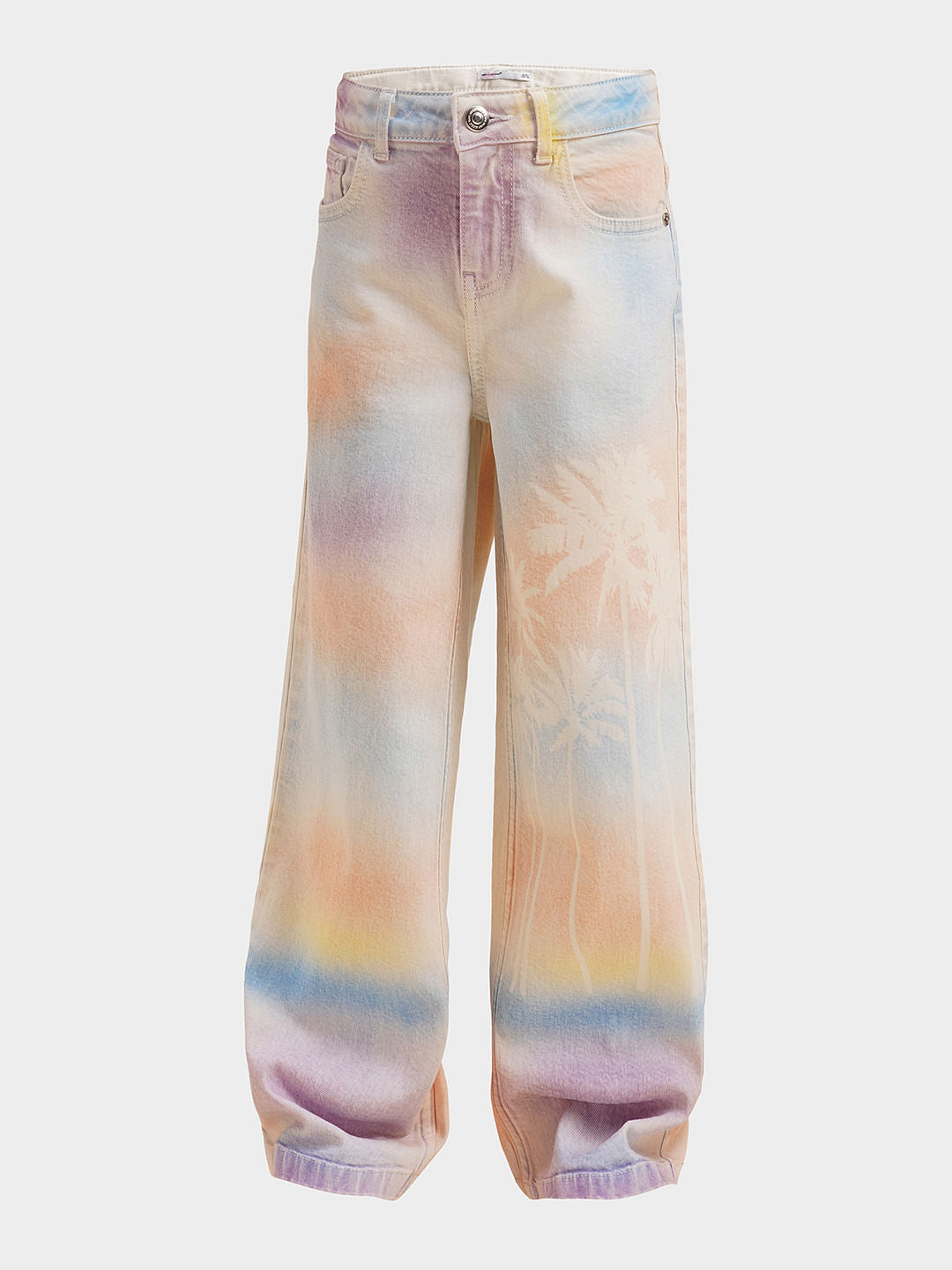 Girls Light Blue Tropical Print Wide Leg Jeans