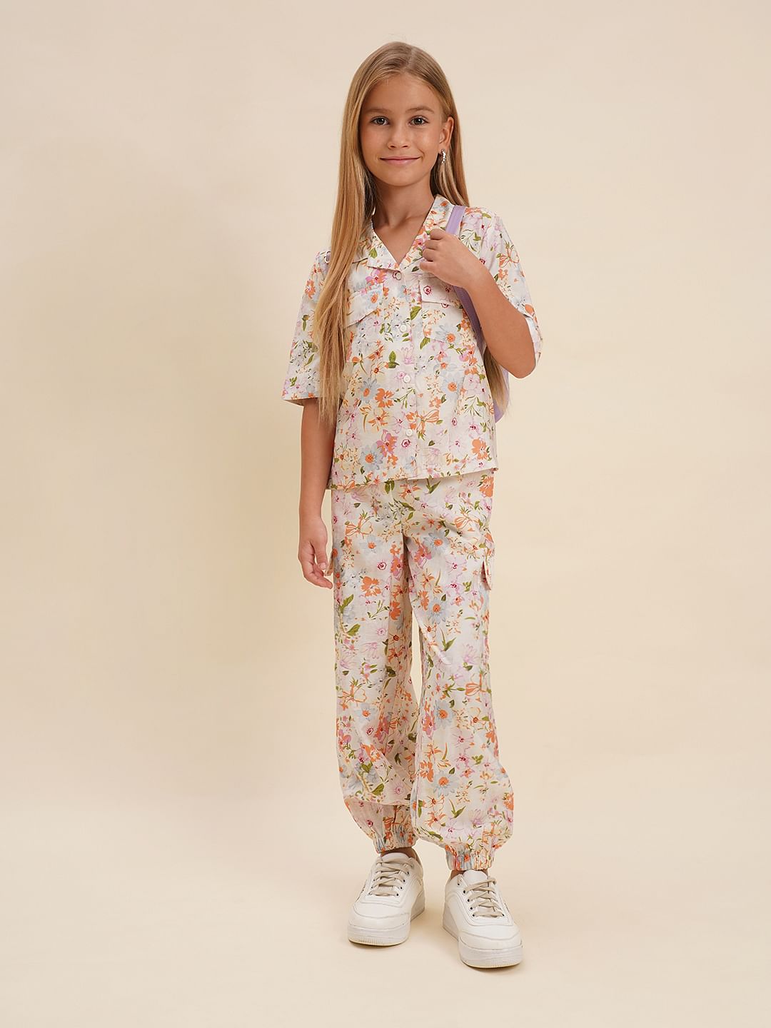 Girls White Floral Co-Ord Set Joggers - 4Y