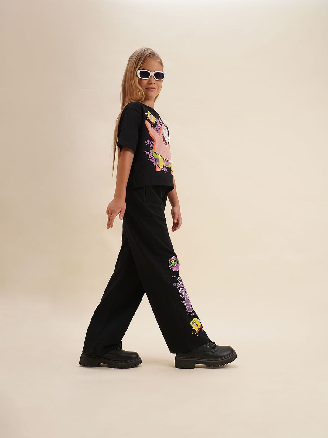 Girls Black Spongebob Cotton Sweatpants - 4Y