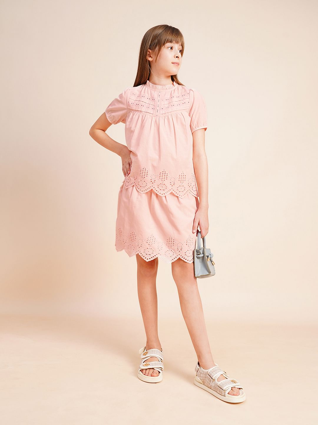 Girls Pink Schiffli Co-Ord Set Skirt - 5/6Y