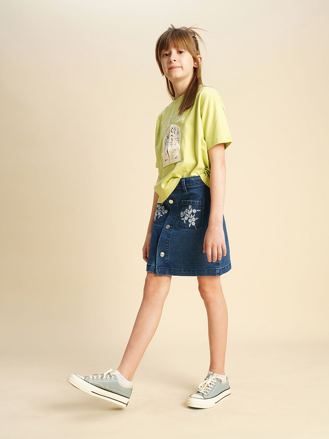 Girls Blue Embroidered Denim Skirt - 4Y