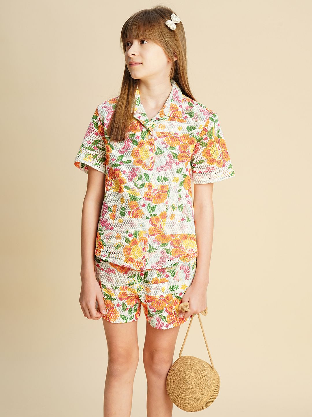 Girls Multi-Colour Crochet Printed Shirt