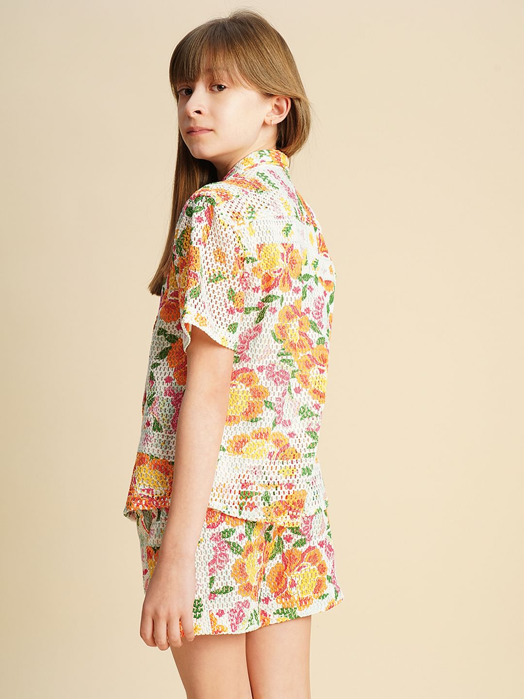 Girls Multi-Colour Crochet Printed Shirt