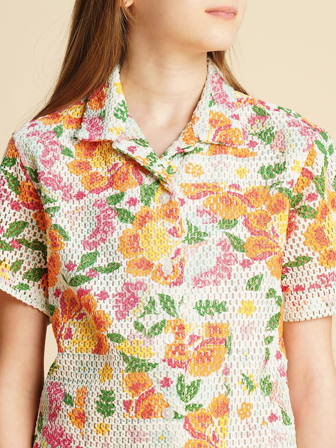Girls Multi-Colour Crochet Printed Shirt