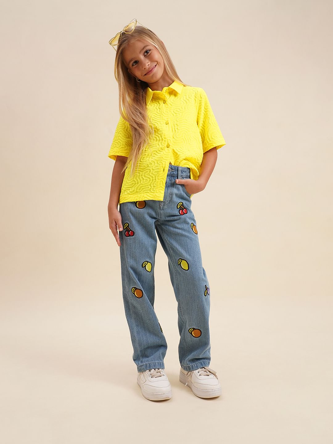 Girls Yellow Cotton Short Sleeves Shirt