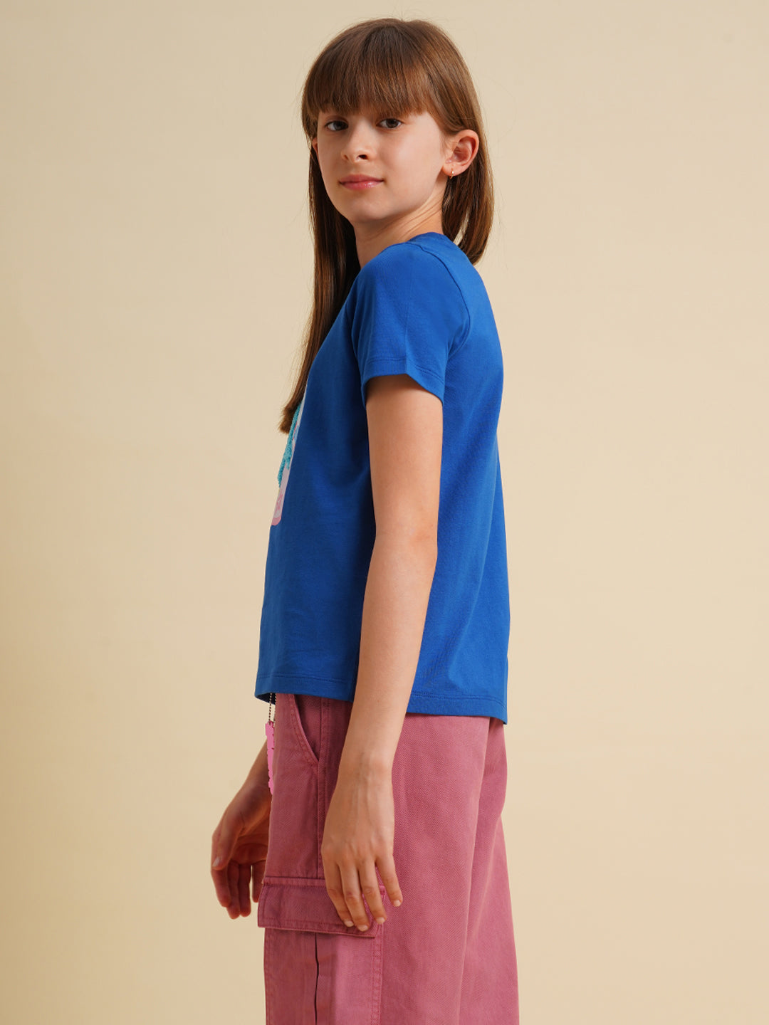 Girls Blue Cotton Printed T-Shirt