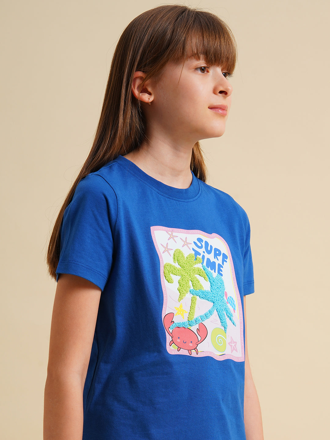 Girls Blue Cotton Printed T-Shirt