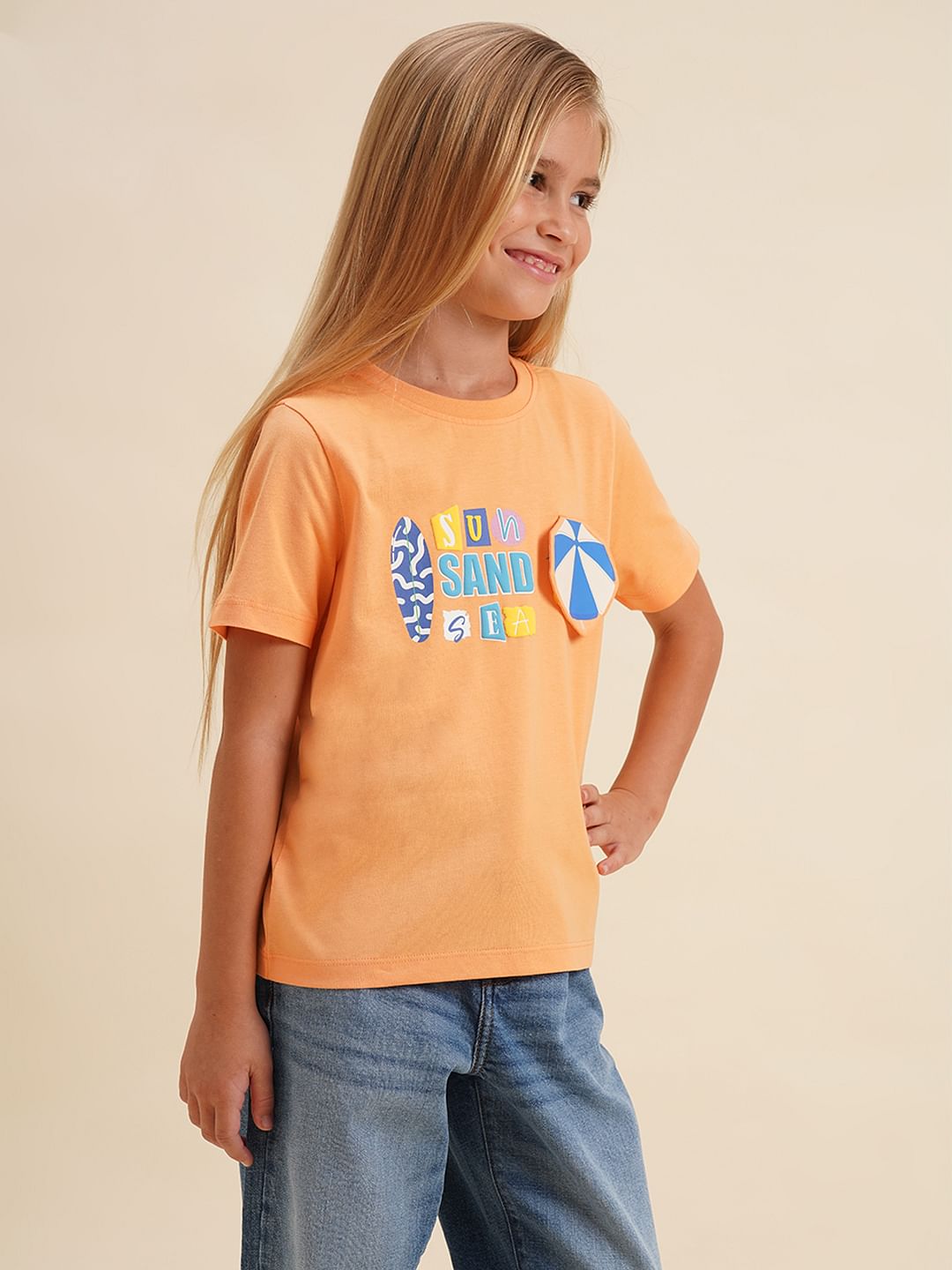 Girls Coral Printed Cotton T-Shirt