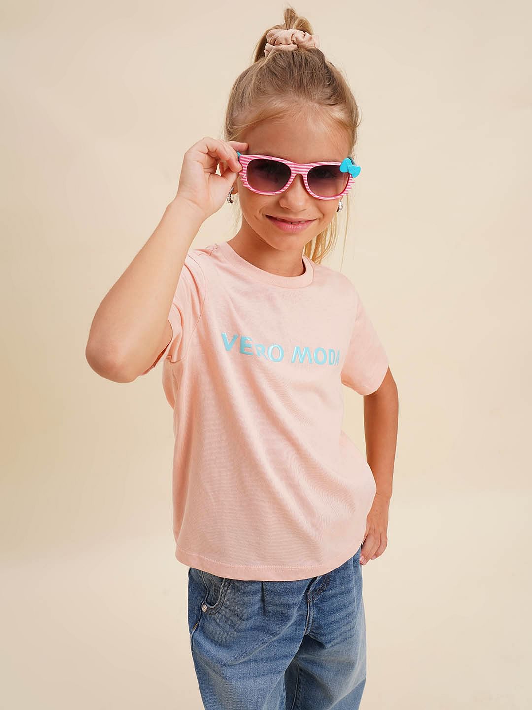 Girls Pink Logo Print Cotton T-Shirt