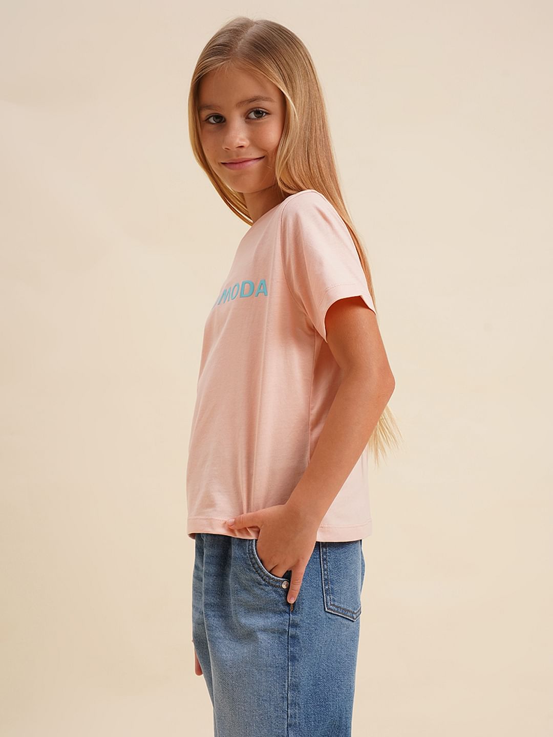 Girls Pink Logo Print Cotton T-Shirt