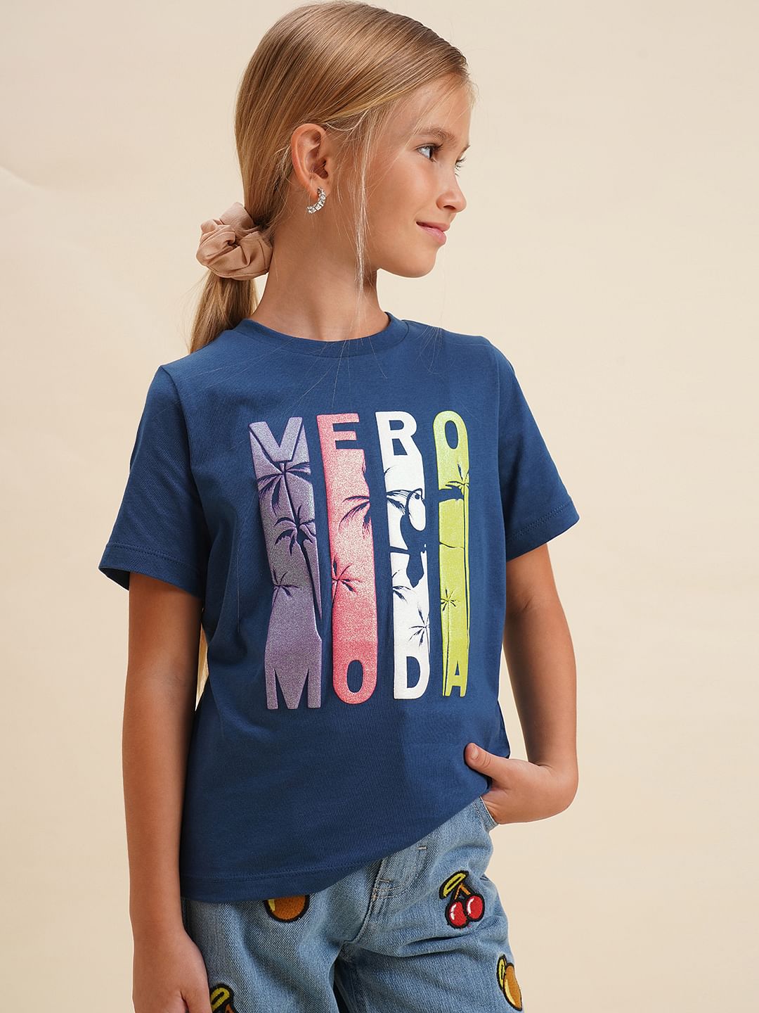 Girls Blue Printed Cotton T-Shirt