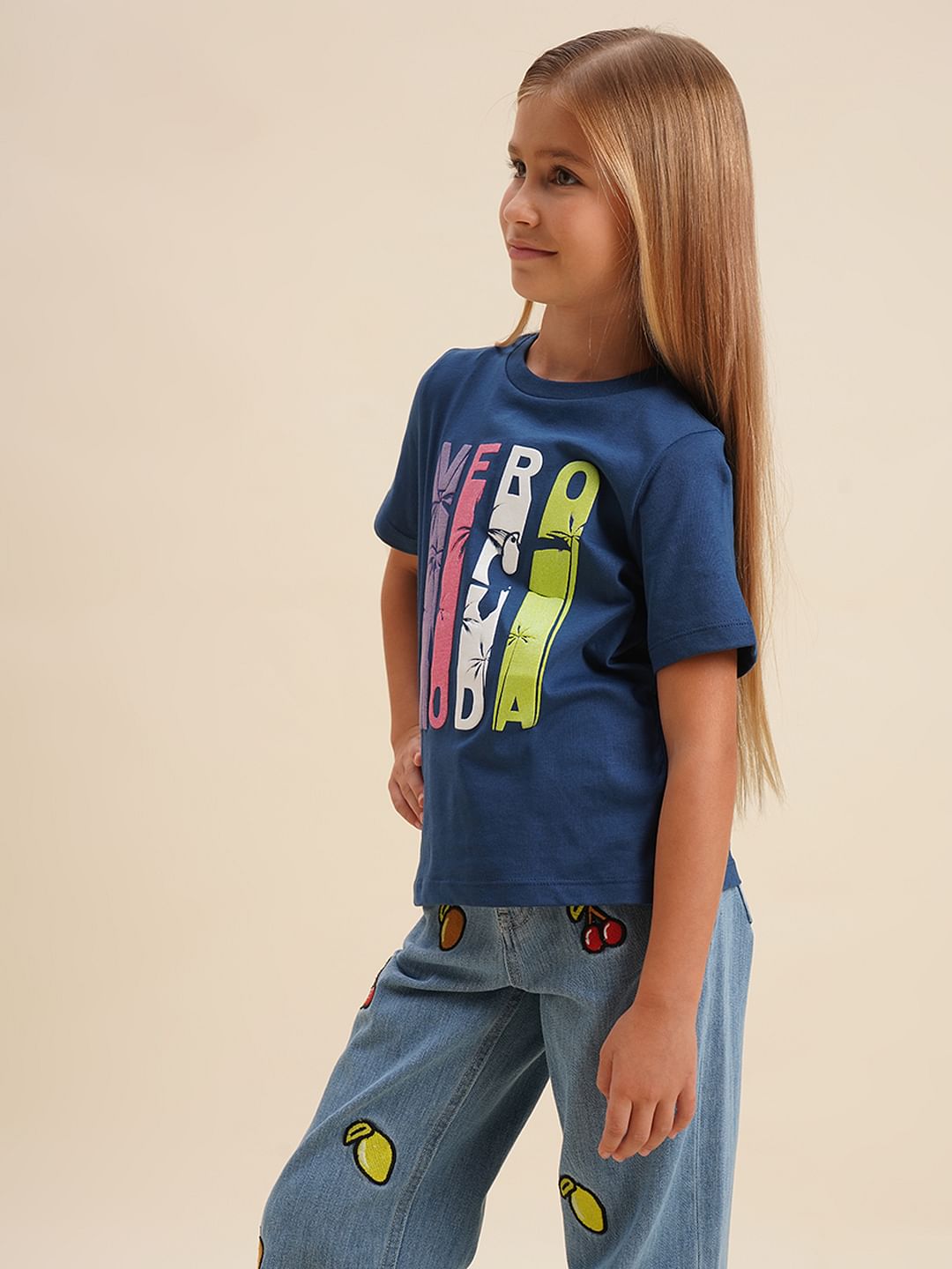 Girls Blue Printed Cotton T-Shirt