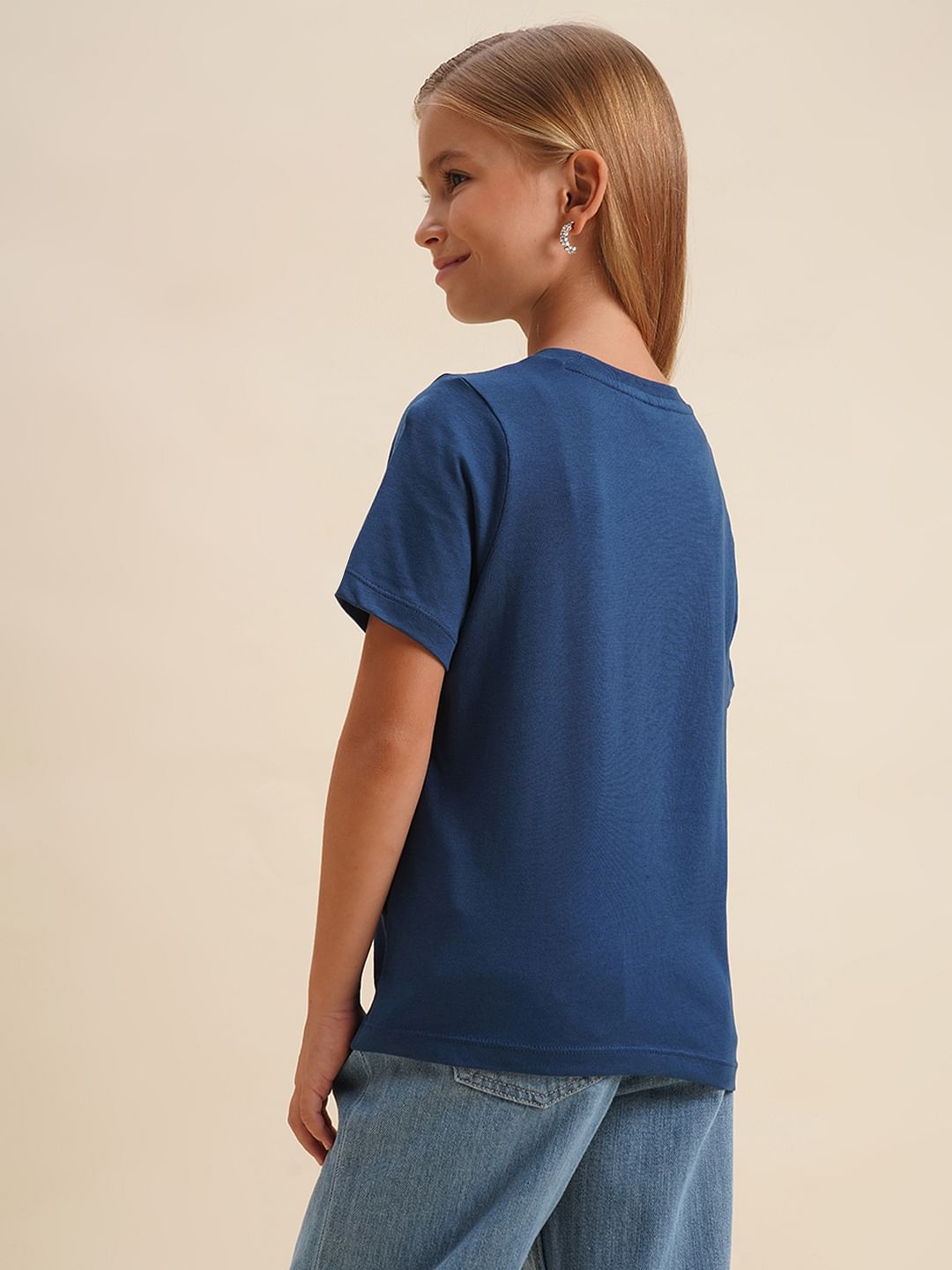 Girls Blue Printed Cotton T-Shirt