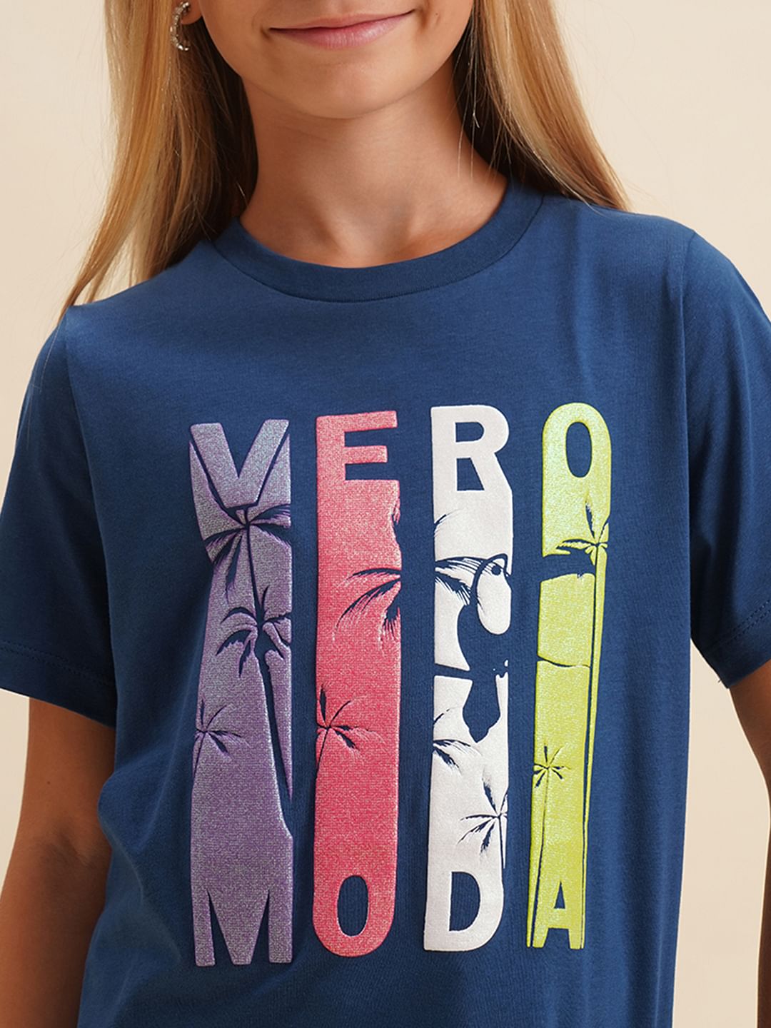 Girls Blue Printed Cotton T-Shirt