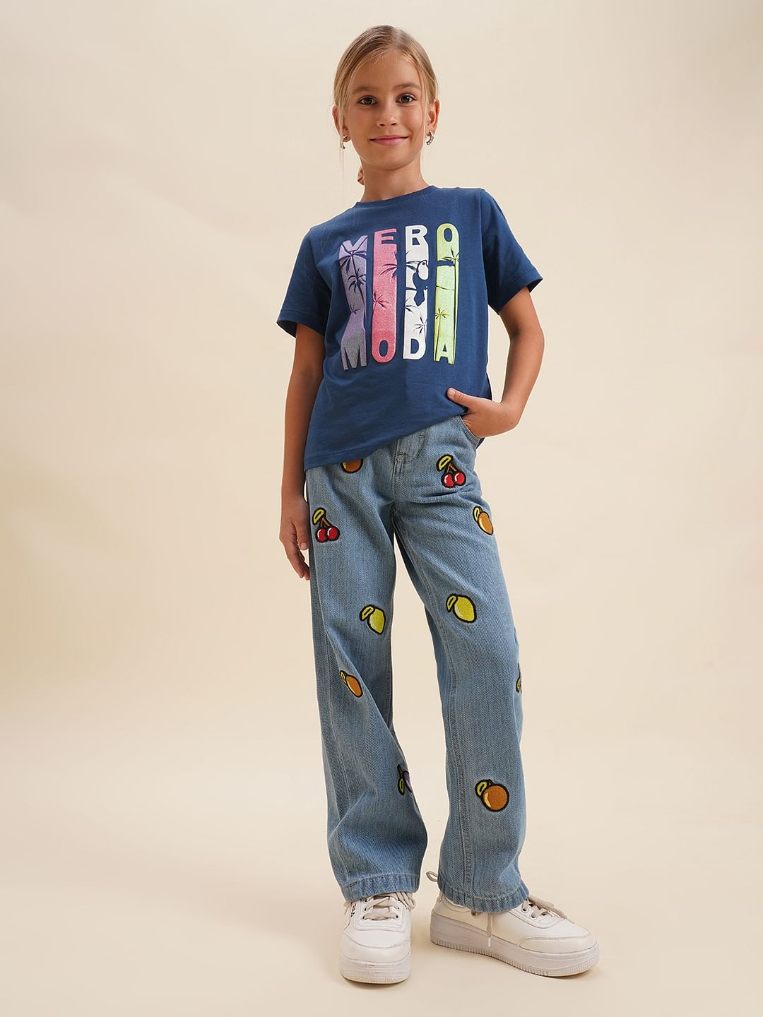 Girls Blue Printed Cotton T-Shirt