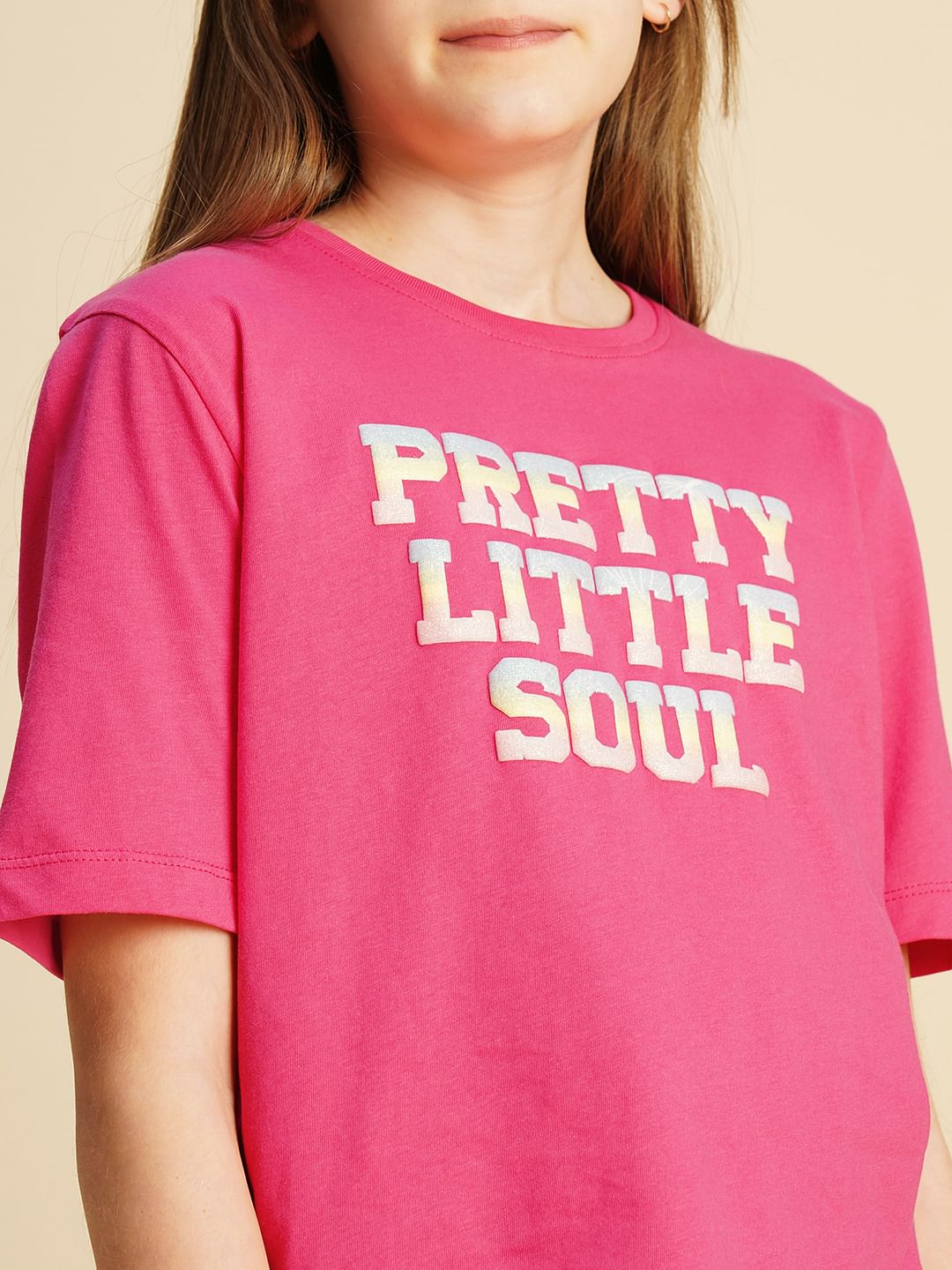 Girls Pink Text Print Cotton T-Shirt