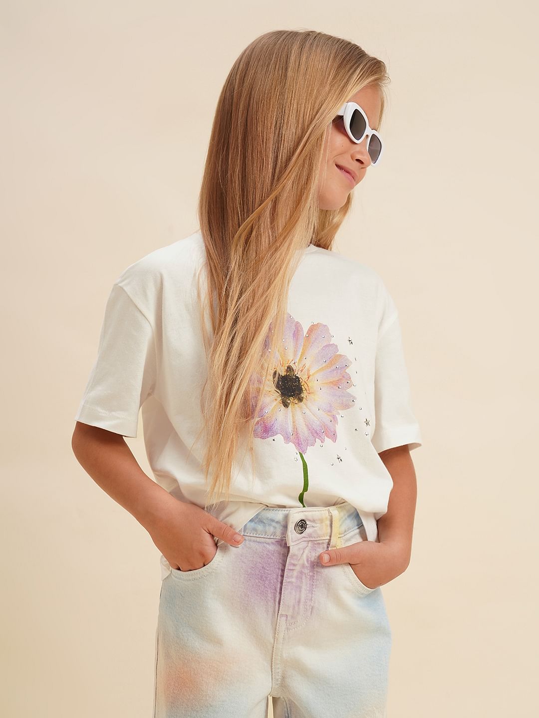 Girls White Floral Cotton T-Shirt