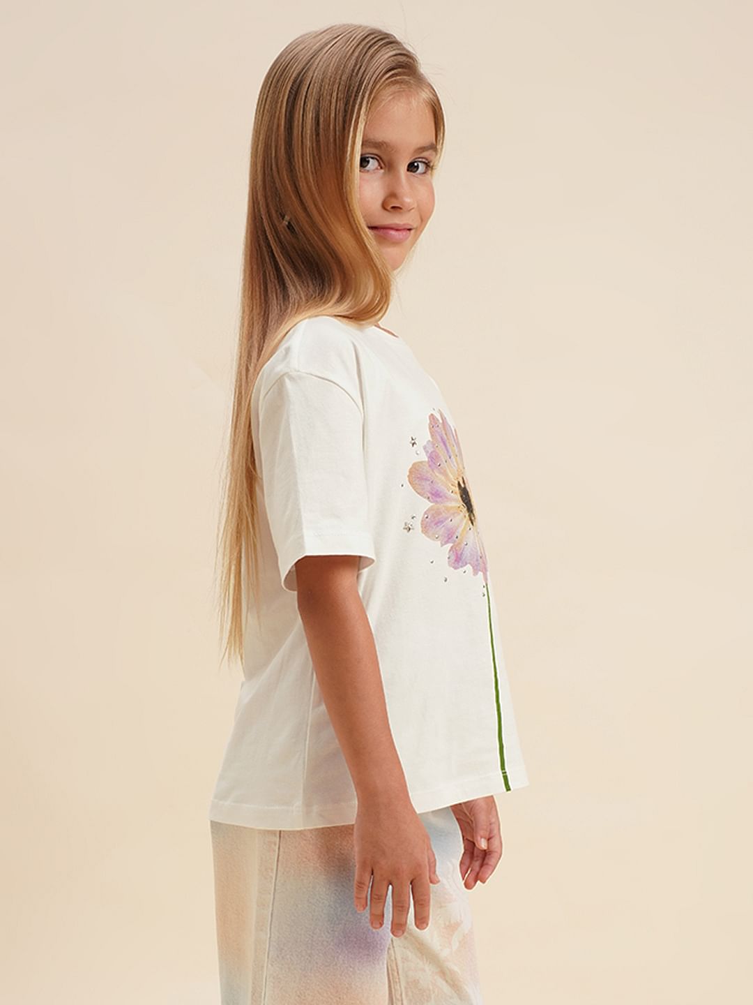 Girls White Floral Cotton T-Shirt