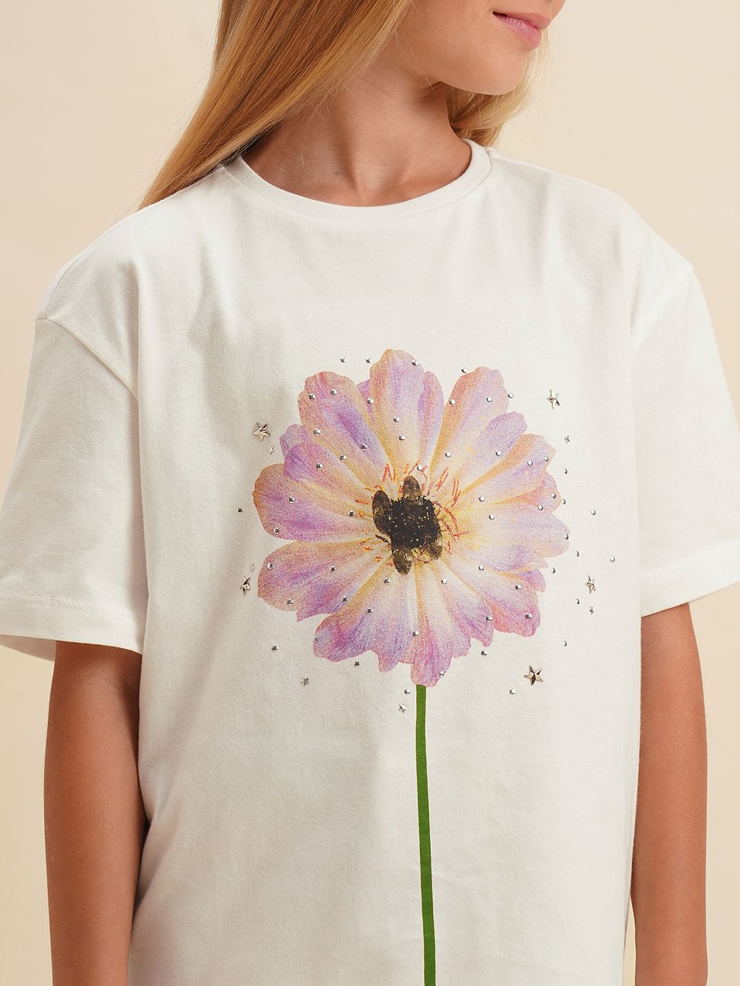 Girls White Floral Cotton T-Shirt