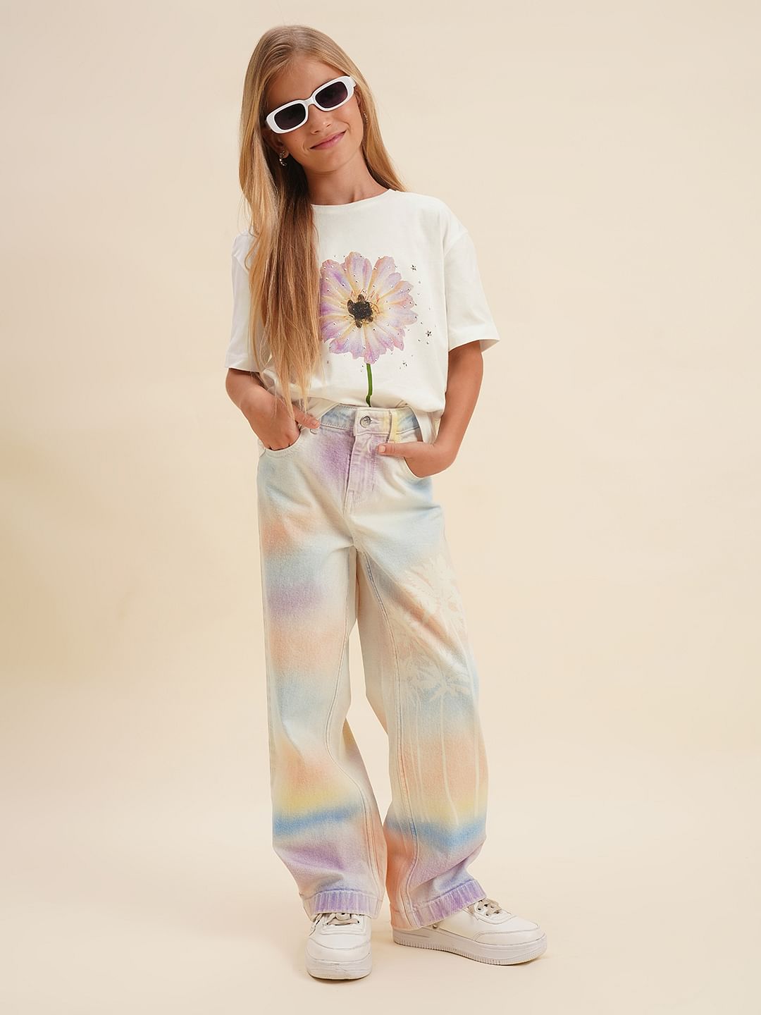 Girls White Floral Cotton T-Shirt