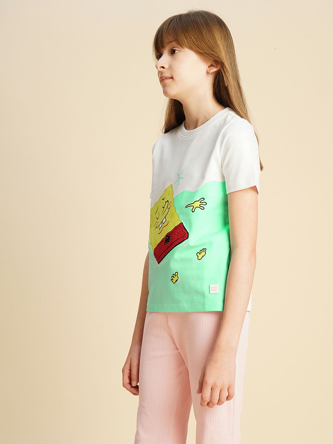 Girls White Spongebob Printed T-Shirt
