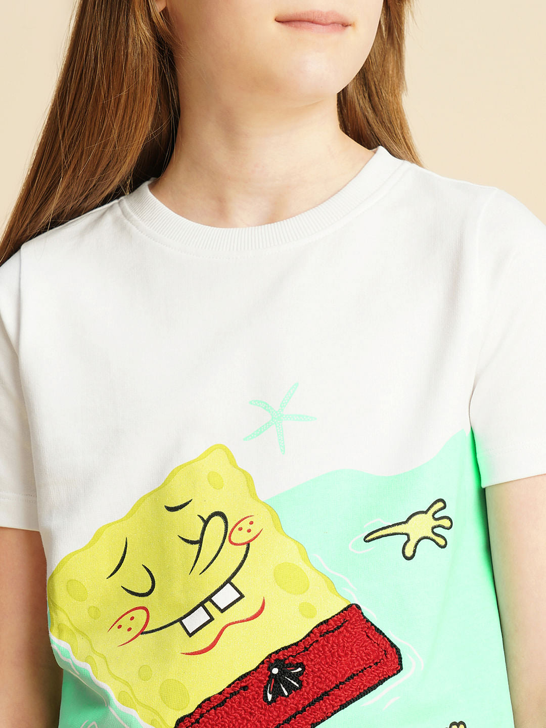Girls White Spongebob Printed T-Shirt
