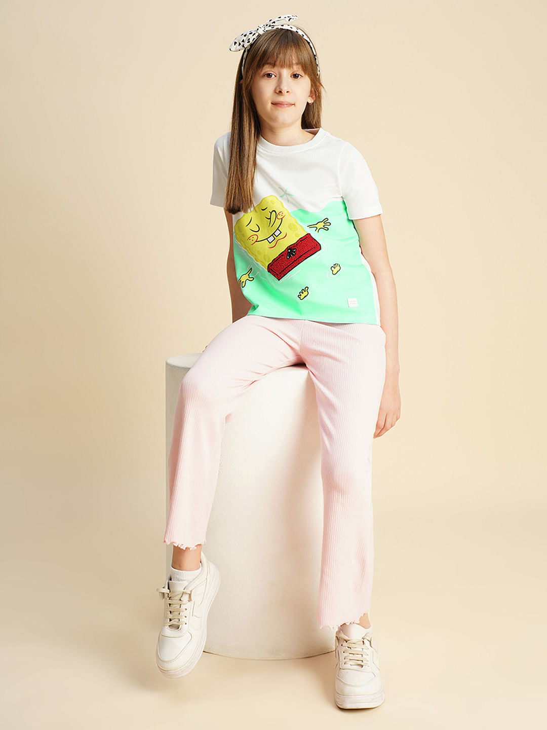 Girls White Spongebob Printed T-Shirt