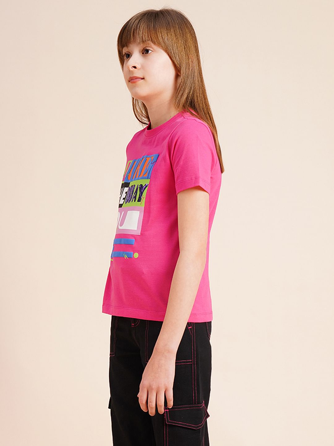 Girls Pink Typographic Print Cotton T-Shirt