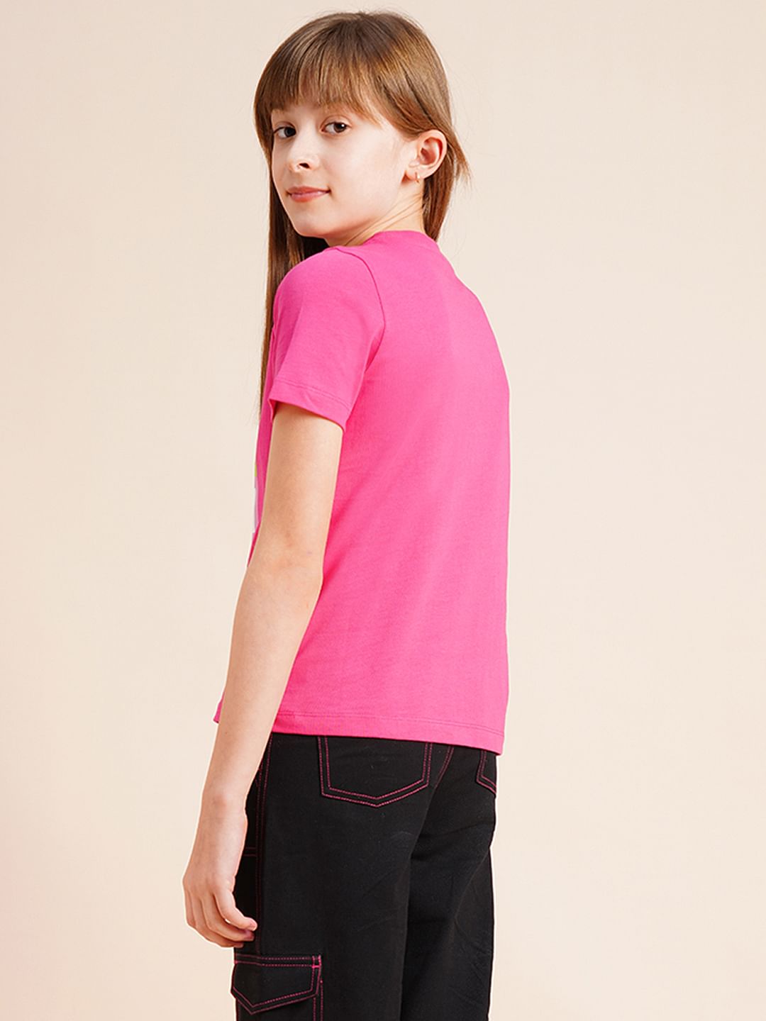 Girls Pink Typographic Print Cotton T-Shirt