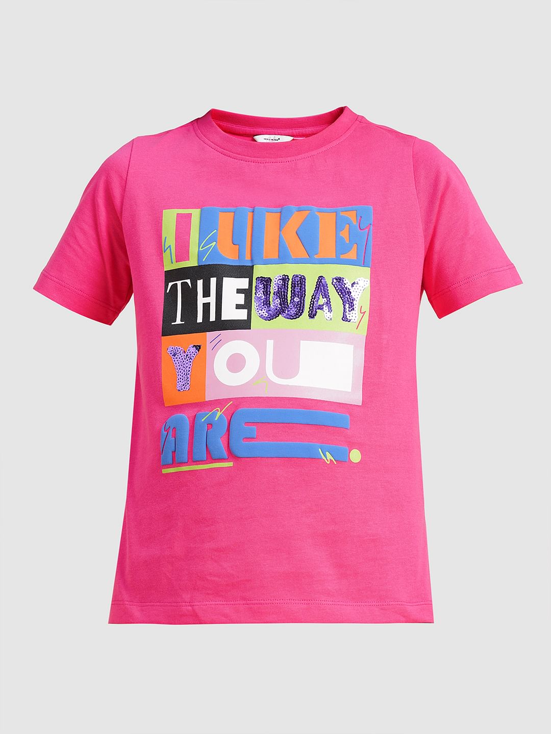 Girls Pink Typographic Print Cotton T-Shirt