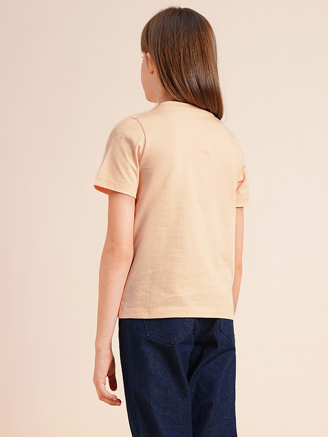 Girls Peach Printed Cotton T-Shirt