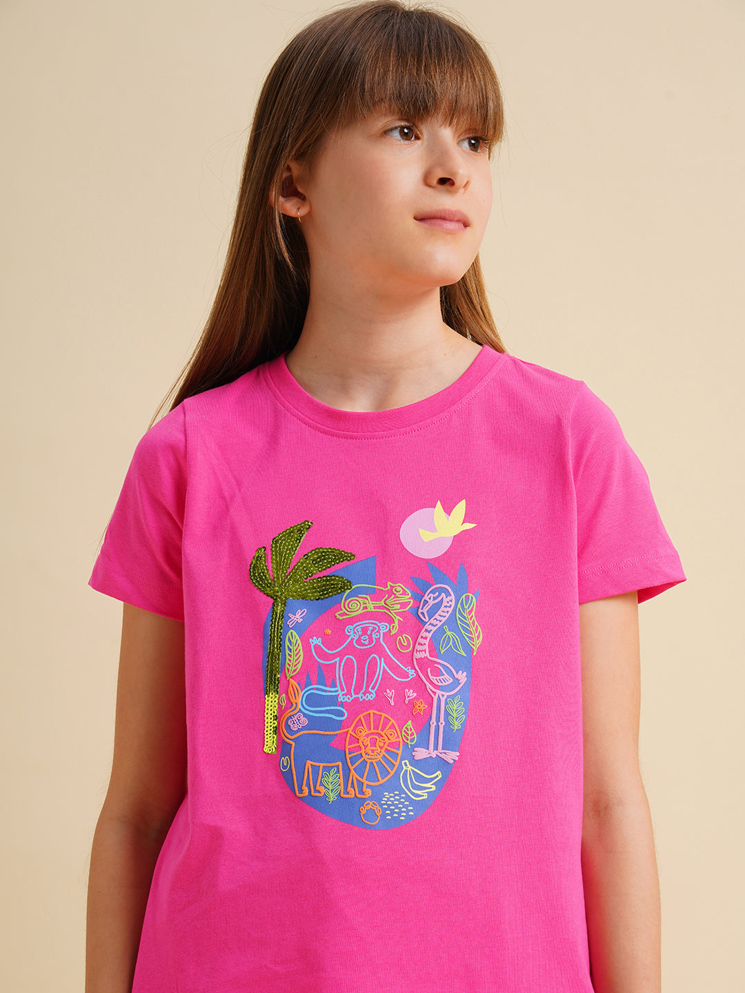 Girls Hot Pink Cotton Boxy Fit T-shirt