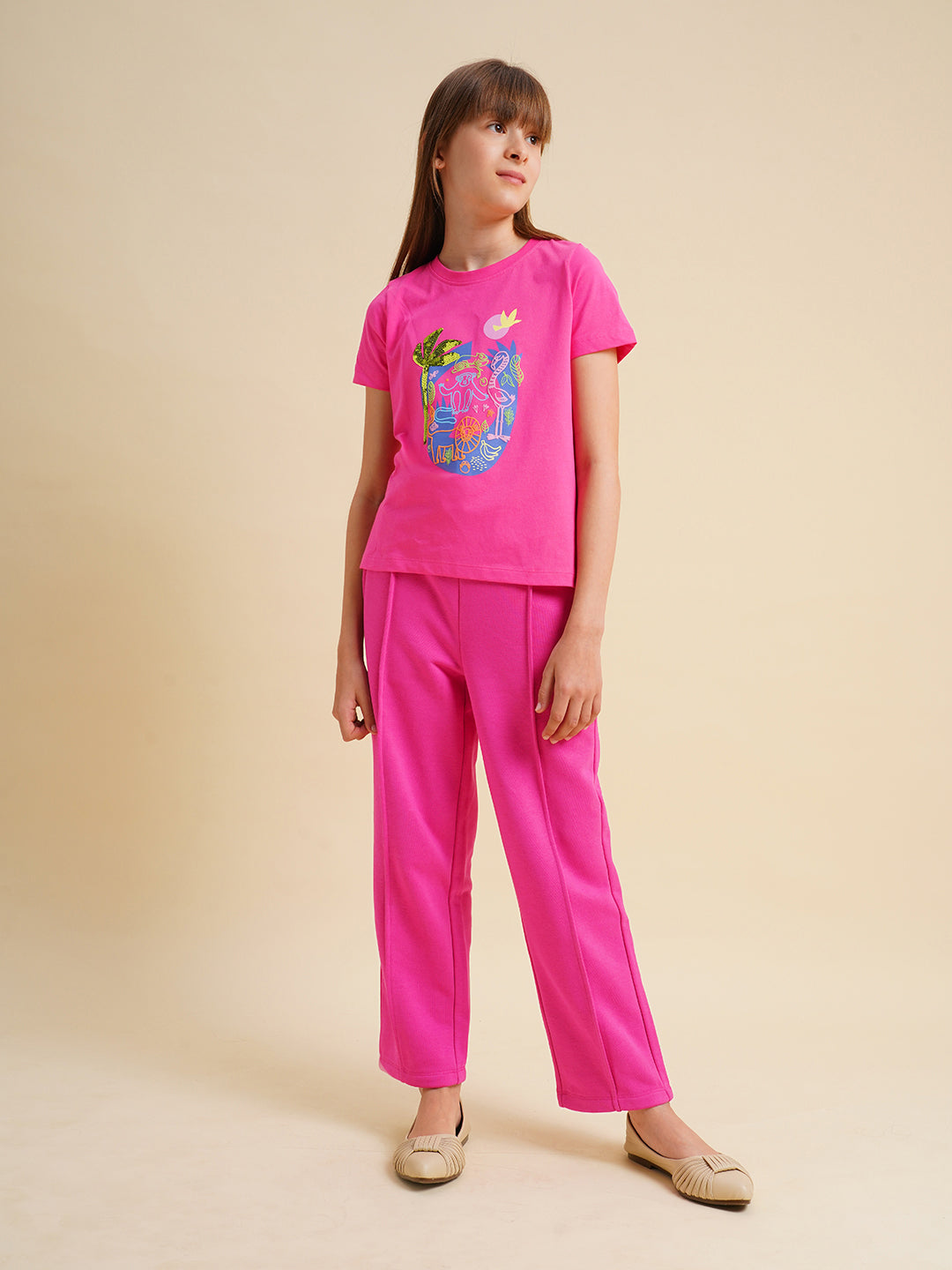 Girls Hot Pink Cotton Boxy Fit T-shirt