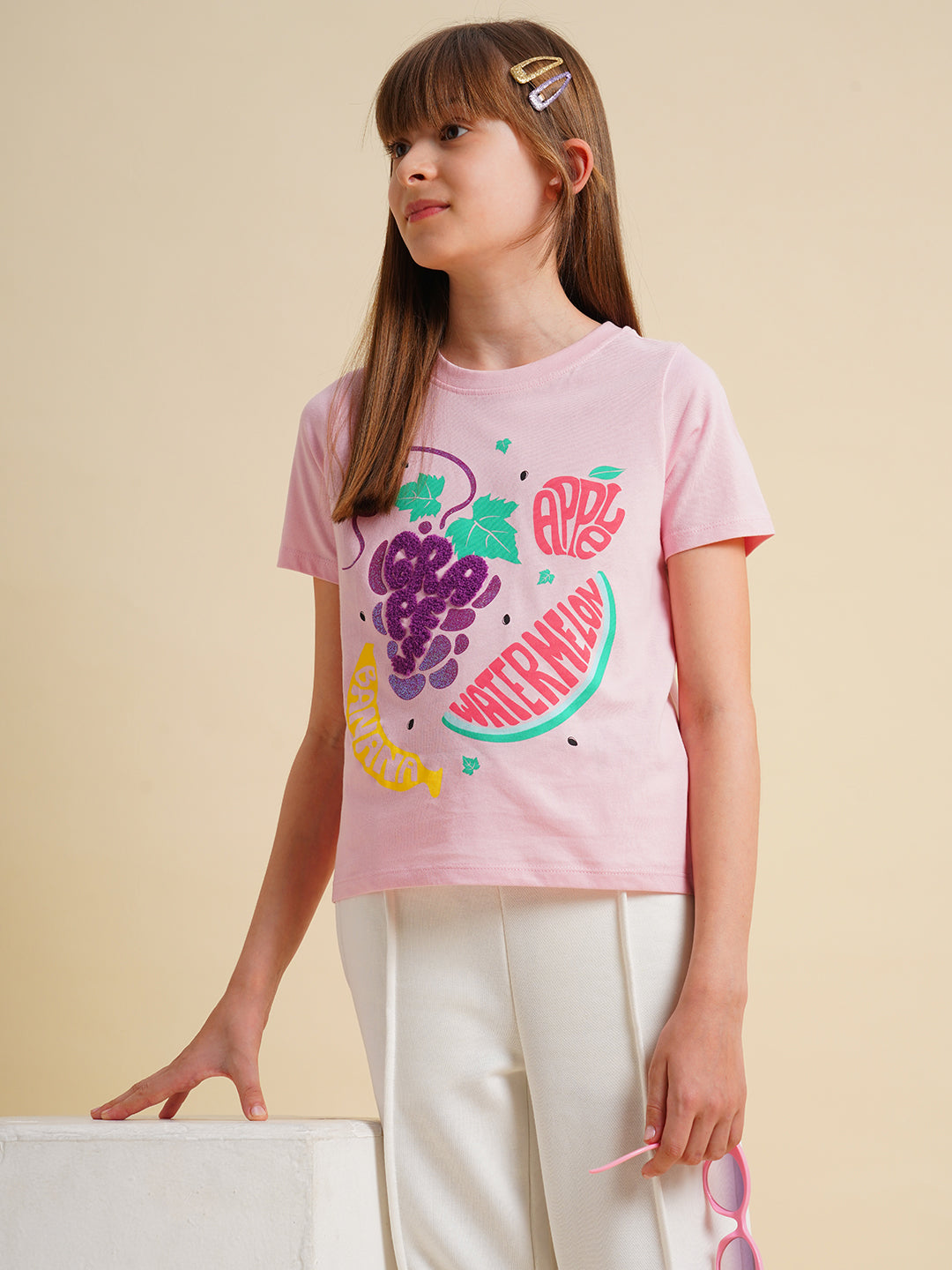 Girls Pink Printed Cotton T-shirt