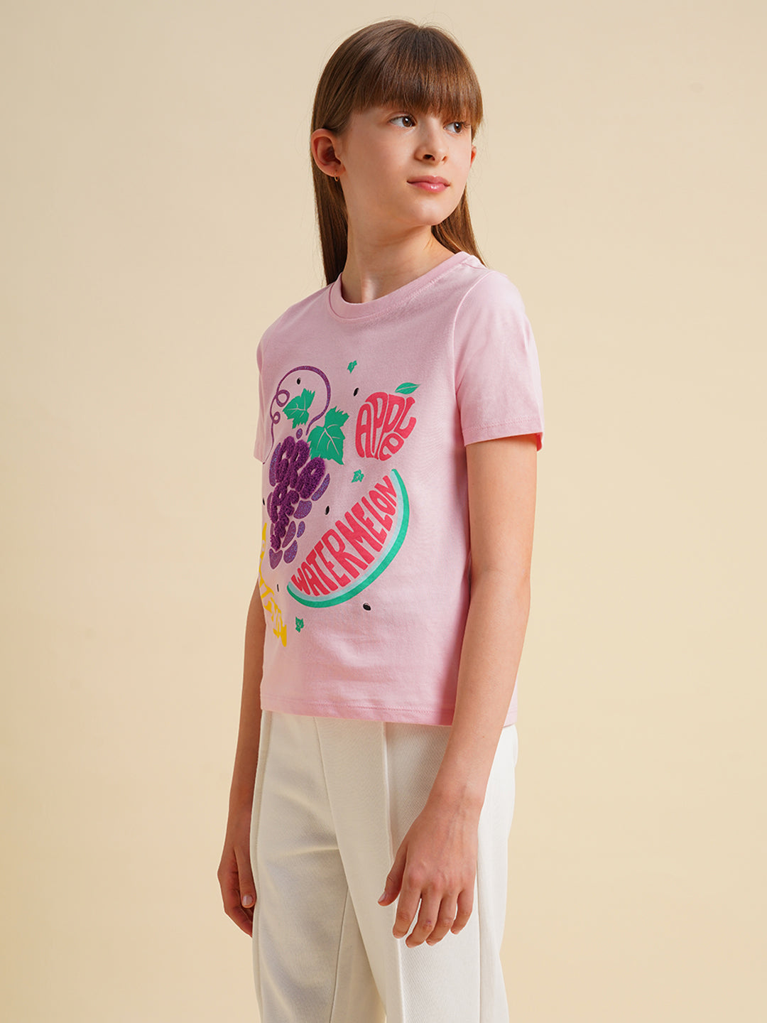 Girls Pink Printed Cotton T-shirt