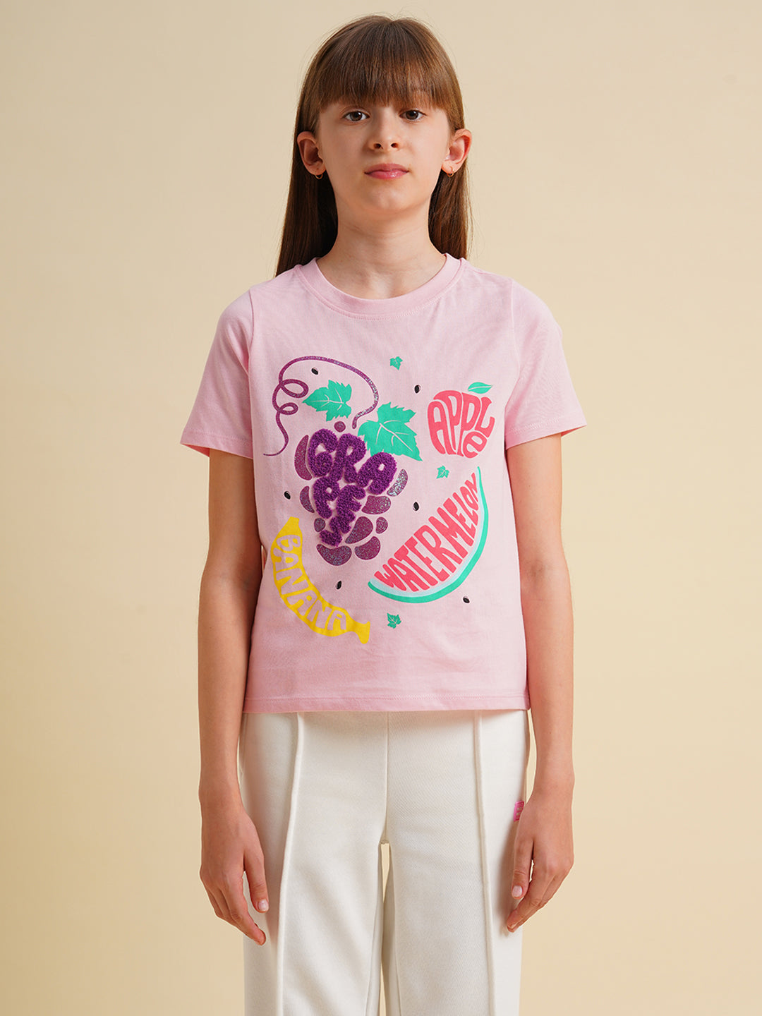 Girls Pink Printed Cotton T-shirt